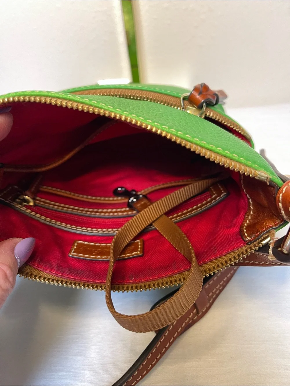 Dooney & Bourke Green Pebbled Leather Crossbody with Brown Trim